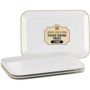 R-kay 3 Pack Plastic Serving Trays for Party - White and Gold Tray 8 by 11 in Heavy Duty Dessert Food Rectangular Premium Platters