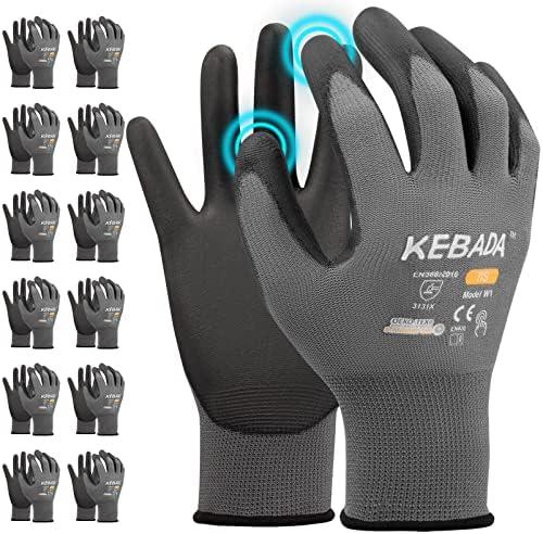 Kebada W1 Work Gloves for Men and Women, PU Coated Safety Gloves with Grip, Touchscreen, Ideal for Warehouse Package Handling, Construction, Gardening, 12 Pairs Gray Large
