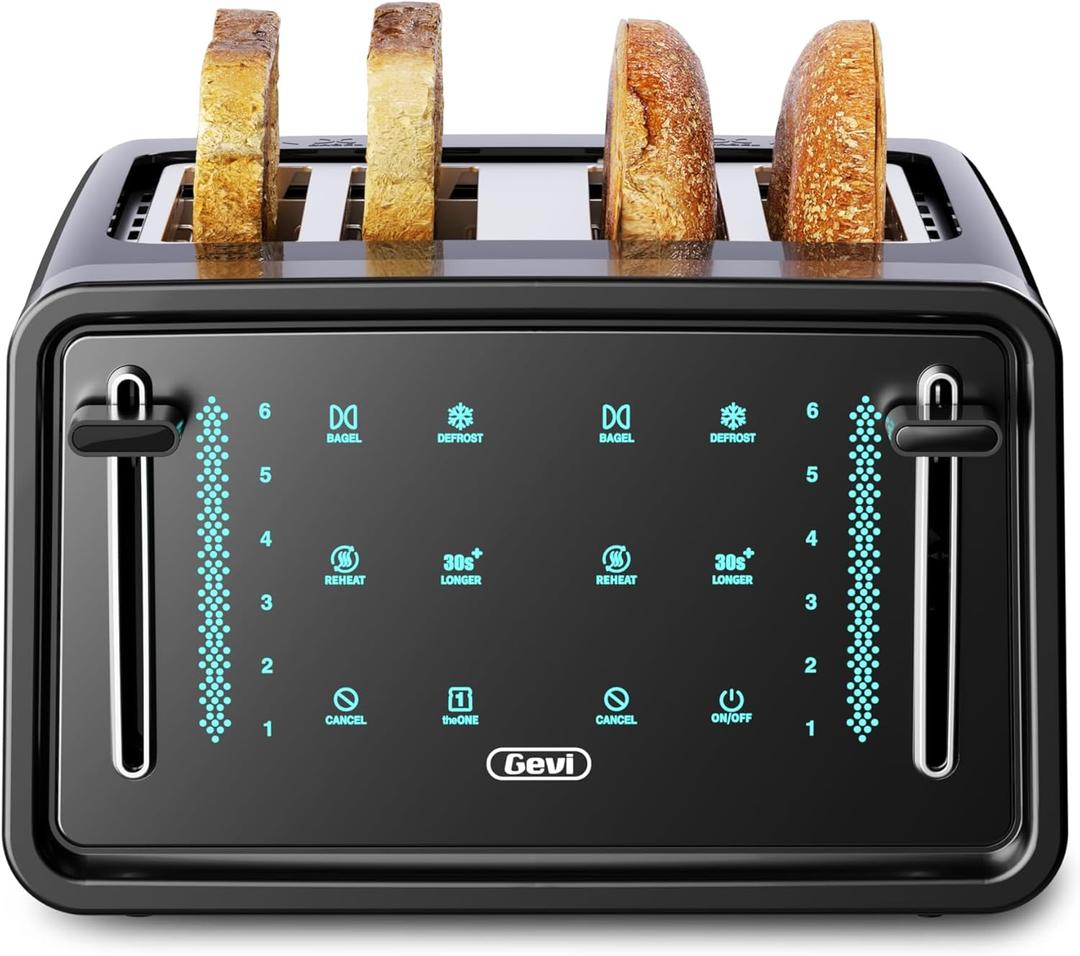 Gevi Toaster 4 Slice, Led Display Touchscreen Bagel Toaster with Dual Control Panels of Bagel/Reheat/Defrost/Cancel/Toasting One Slice/Longer Function, 6 Shade Setting