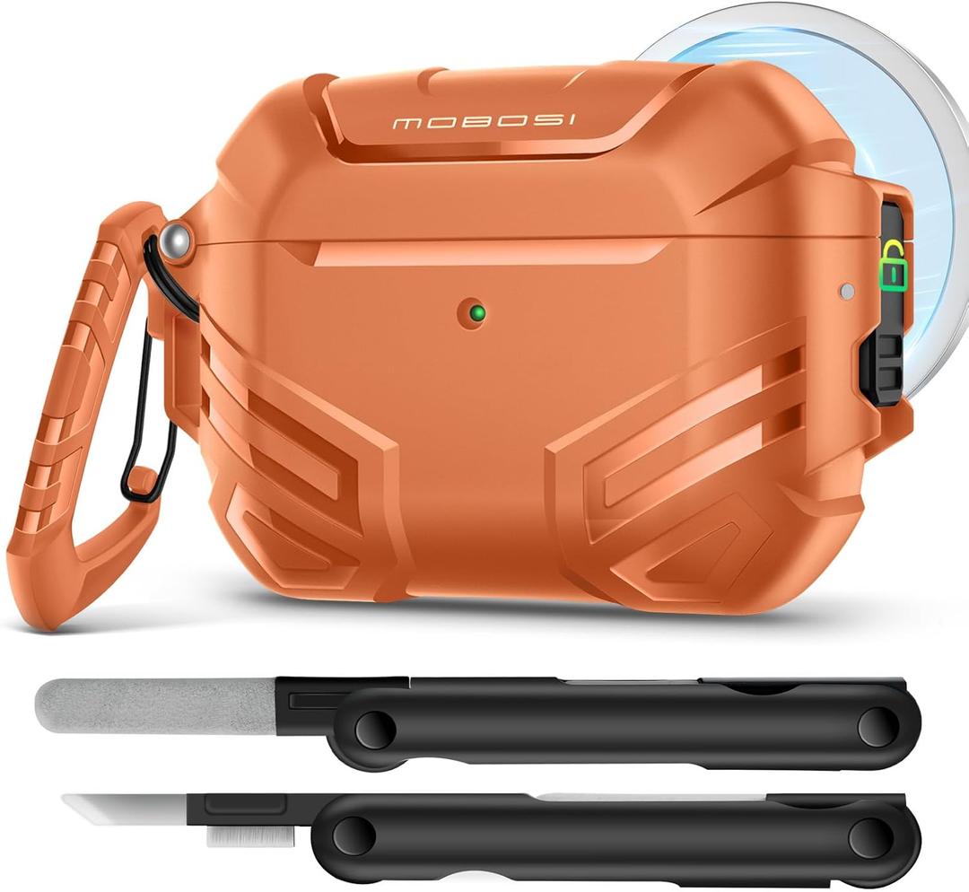 MOBOSI for AirPods Pro 3 Case with Lock, Compatible with AirPod 3rd Gen Cover [Fit for MagSafe], Military Grade Hard Shell for iPods Pro3 with Cleaner Kit & Keychain for Men(2025), Orange