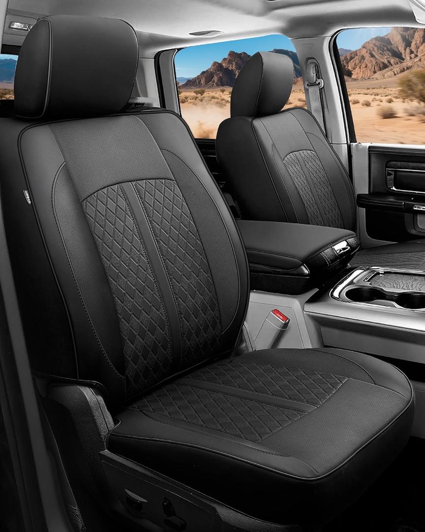 for Dodge Ram Leather Seat Covers, 2009-2018 Crew Cab 1500 Big Horn SLT Outdoorsman, Custom Fit Truck Seat Cover Full Set, Pickup Protectors Accessories, Black (40/60 Split Curved Bench)