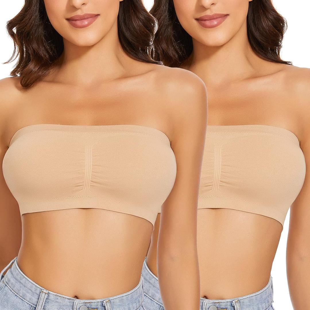 WOWENY Wireless Strapless Bandeau Bra for Women Padded Seamless Padded Bralette with Support Tube Top Bras (S)