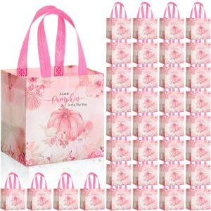 Frienda 50 Pcs Little Pumpkin Gift Bags Fall Baby Shower Party Favor 8 x 8 x 6 Inch a Little Pumpkin Is on The Way Baby Shower Non Woven Bag Fall Goodie Treat Gift Tote with Handle(Pink)