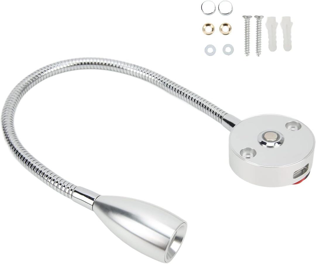 Aramox RV LED Reading Light, 12-24V Gooseneck Wall Mount Lamp, 3W Dimmable, 3 Colors, Silver, for Boat