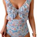 Eomenie One Piece Swimsuit for Women Tummy Control Ruffle Bathing Suit V Neck Ruched Swim Suit Slimming Cutout Swimwear (Large, Orange Floral)