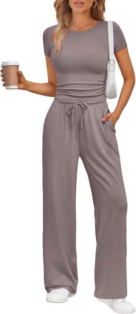 Trendy Queen 2 Piece Matching Summer Sweatsuit Lounge Set Womens Wide Leg Pants Side Ruching Crop Top Sets (Small)