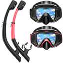 Snorkeling Gear for Adults, Dry Top Snorkel Mask Set 2 Pack Scuba Diving Mask Snorkel Gear Anti Fog Snorkeling Packages Tempered Glass Panoramic View Nose Cover (Black&Pink)