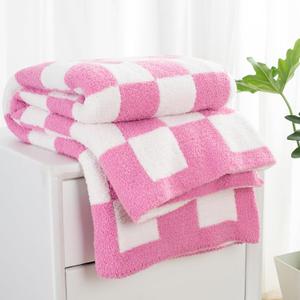 Carriediosa Checkered Throw Blanket 50" X 60", 400GSM Ultra Soft Microfiber Fuzzy Fluffy Reversible Cute Preppy Knitted Blankets Cozy Plush Fall Throws for Couch, Bed, Sofa, Hot Pink