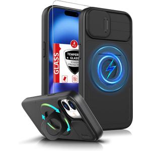 for iPhone 16 Case Magnetic Compatible with MagSafe Wireless Charging with 2 Screen Protectors,16 Case Built-in Kickstand Ring Camera Heavy Duty Protection Military Grade Drop Shockproof Black