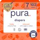 Pura Size 7 Eco-Friendly Diapers (33+lbs) Hypoallergenic, TCF, Soft Organic Cotton, Sustainable, up to 12 Hours Leak Protection, Allergy UK, Recyclable Paper Packaging, 6 Packs of 17 (102 Diapers)
