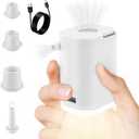Mini Portable Air Pump with Light, 2025 New Tiny Electric Pump for Inflatables, Rechargeable Inflator Air Mattress Pump for Camping Pool Float with Storage Bags (White)