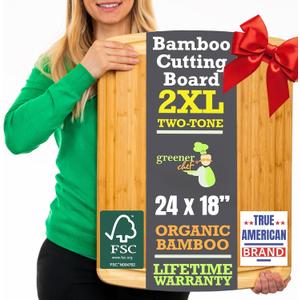 GREENER CHEF 24 Inch Bamboo Cutting Board with Lifetime Replacement - 2XL Extra Large Wooden Butcher Block for Kitchen, Stove Top, Meat, Vegetables, and Charcuterie with Deep Juice Grooves (Two-Tone)