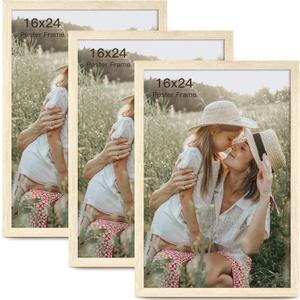 16x24 Frame Set of 3, Natural Wood Grain 16x24 Poster Frame for Gallery Wall Mounting (3 Pack,Natural)