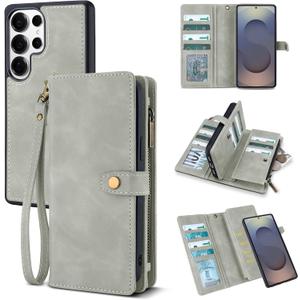 TwoHead for Samsung Galaxy S25 Ultra Wallet Case with Card Holder, Detachable Magnetic Phone Case for S25 Ultra,PU Leather All-Round Protective Phone Case Wallet with Wrist Strap(6.9 in,Gray)