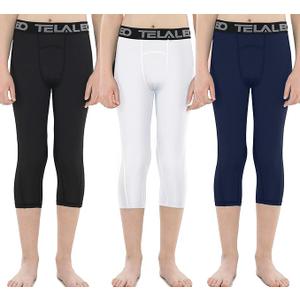 TELALEO 3/4 Boys Youth Compression Leggings Tights Base Layer Sports Running Capris Kids for Workout Training, Small