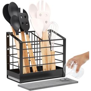 Large Utensil Holder for Kitchen Counter: Kitchen Cooking Utensil Holder Organizer with Diatomaceous Earth Base Matte Black, 2 Compartments 