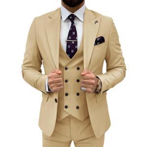 3 Piece Suit Men Slim Fit Double Breasted Suit for Men Wedding Suits Classic One Button Formal Prom Dinner Tuxedo (Large, Champagne)