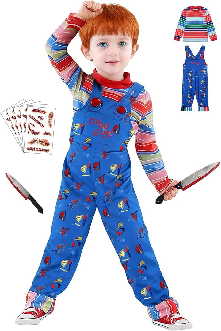 5 Sizes for 3-11Y Chucky Costume for Kids Halloween Jumpsuit Long Sleeve Rainbow Shirt Prop Knife Scar Tattoos (Xl Size(9-11y,height:49.2"-53.1"))