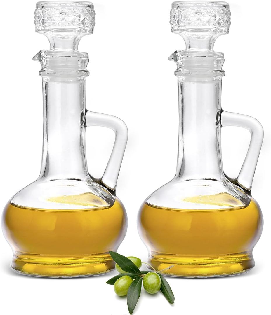 BSTKEY Set of 2 Olive Oil Dispenser Bottle with Stopper, Elegant Style Glass Cruet Bottles for Kitchen, 250ml Oil Dispenser Spout Container for Syrup Olive Vinegar