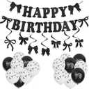 Black Bow Birthday Decorations Set - Coquette Theme Party Supplies with Happy Birthday Banner Garland, Hanging Swirls, Bow Balloons for Women Black Party Decorations Supplies (black)