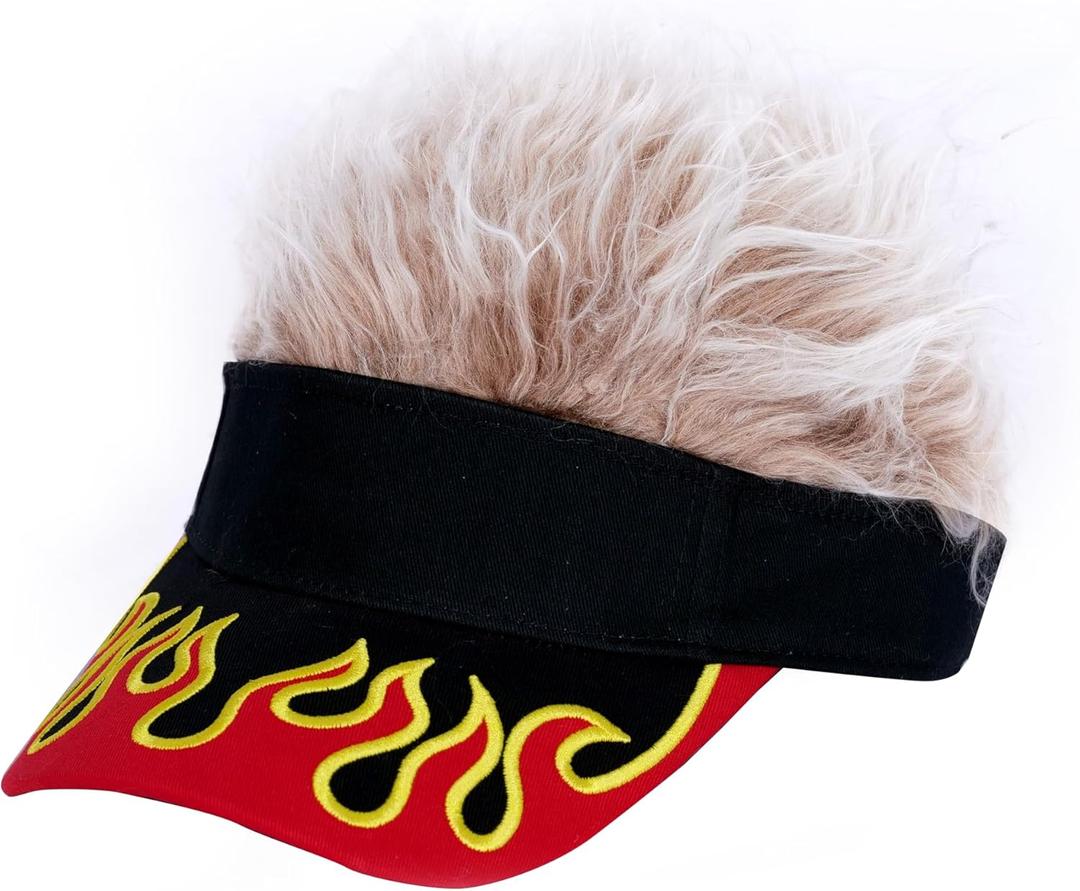 Men's Visor with Hair Fake Hairs Visor Hat with Hair for Men Funny Spiked Sun Hats Novelty Baseball Wig Caps Birthday Gift (0, Flame Khaki)