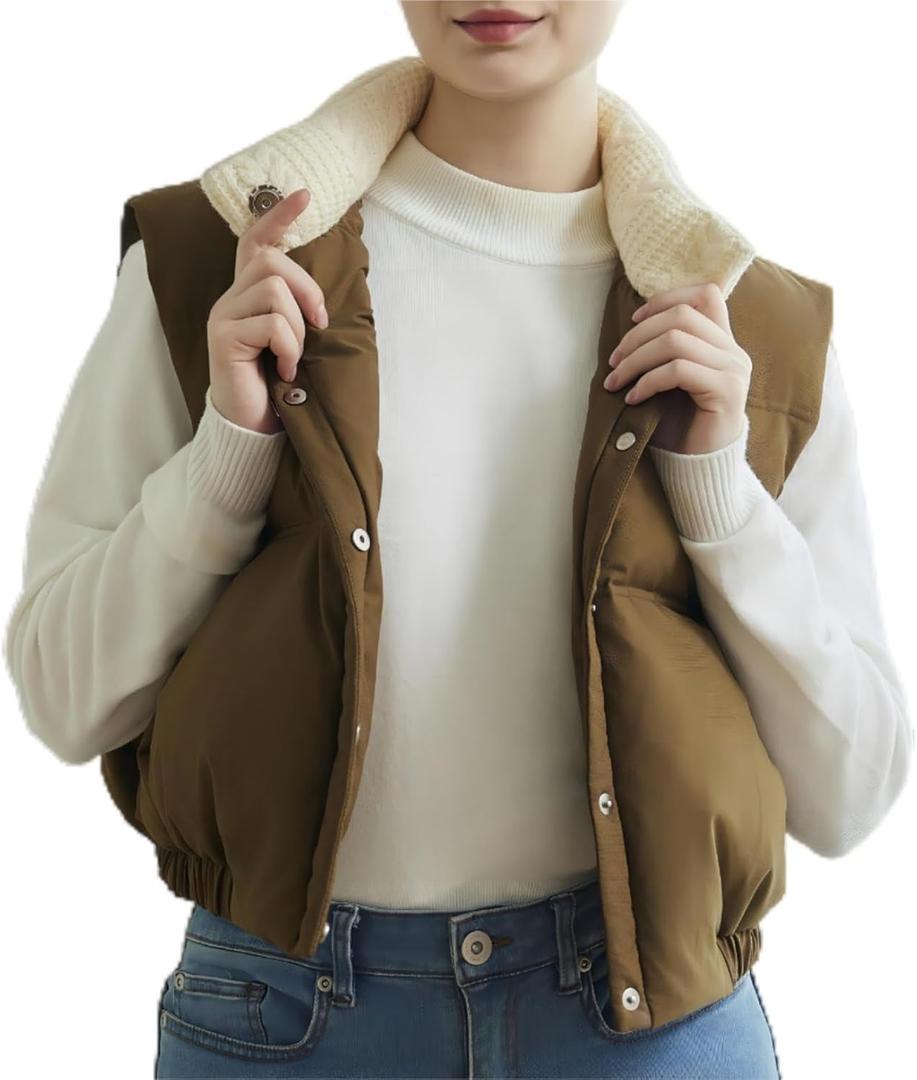 Women's Winter Outerwear Vests Crop Puffer Vest Lightweight Sleeveless Padded High Stand Collar Jacket (Brown, L)