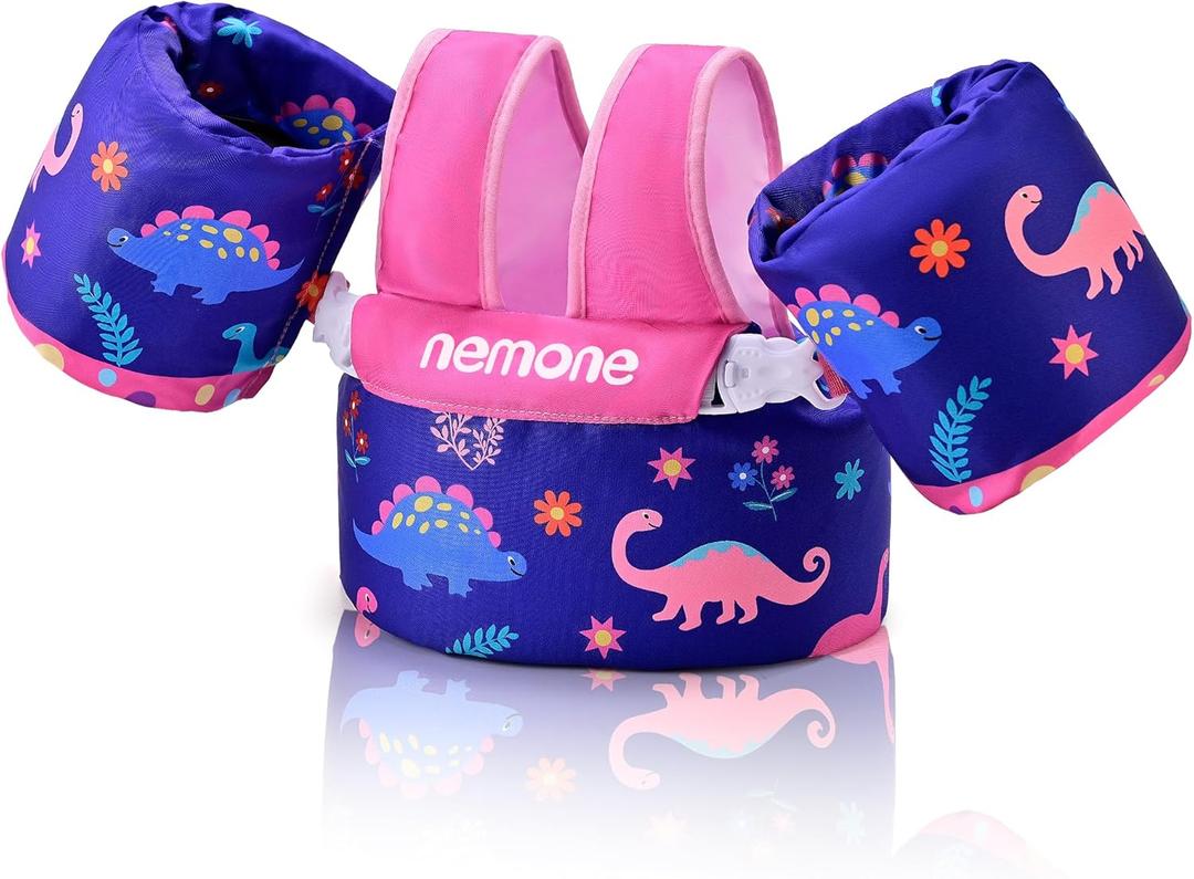 Nemone Toddler Swim Vest for 22-70 lbs Kids Floaties Swim Jacket with Arm Water Wings for Girls Boys 1 2 3 4 5 6 7 Years Old Beach Pool 20 30 40 50 60 66 Pounds Puddle Jumper (Pink Dinosaur)