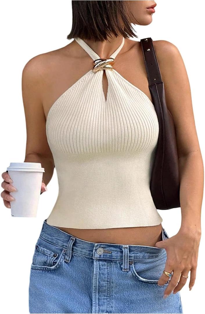 Verdusa Women's Sexy Ribbed Halter Tops Sleeveless Cropped Going Out Tops for Date Night S