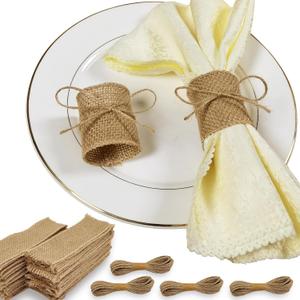 Natural Burlap Napkin Rings Set of 100 pcs with Jute Rope,Disposable Napkin Bands Bulk,Rustic Serviette Ring for Tables,Decorations,Wedding,Dinner,Country Party Decor