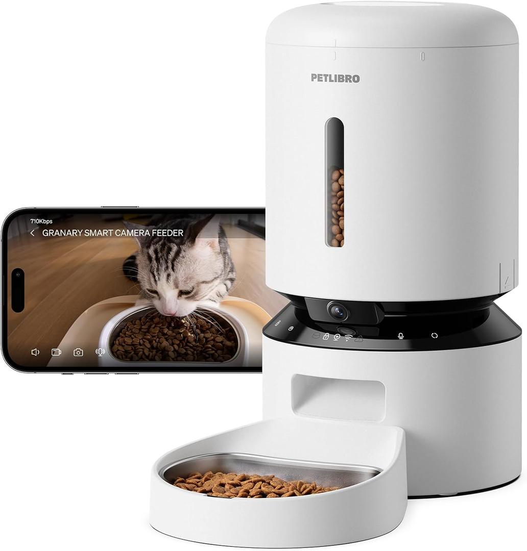 PETLIBRO Automatic Cat Feeder with Camera, 1080P HD & Night Vision, 5GHz/2.4GHz WiFi & Cam Smart Pet Feeder with App Control, 2-Way Audio, Motion Alerts for Cats & Dogs, Stainless Steel Single Tray (5L, White)