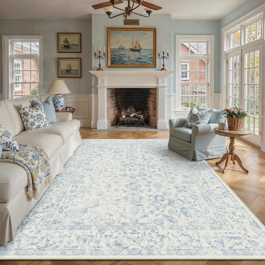 PureCozy 8x10 Softer Blue Area Rug Non Slip Large Vintage Living Room Distressed Machine Washable Carpet Traditional Indoor Bedroom Blue Retro Floral Accent Throw Rug for Office Kitchen Dining Room