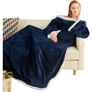 Ramees Sherpa Wearable Blanket with Sleeves and Pockets, Soft Warm TV Blanket Throw for Men and Women