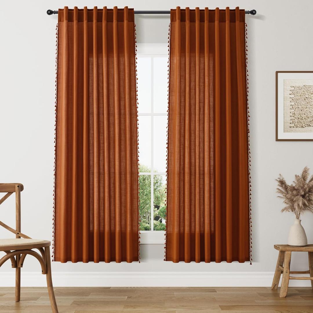 SMABU Terracotta Boho Linen Curtains 72 Inches Long 2 Panels Set, Light Filtering Semi Sheer Drapes with Back Tab & Rod Pocket, Tassel Decor for Bohemian Farmhouse Living Room, Bedroom, 52x72