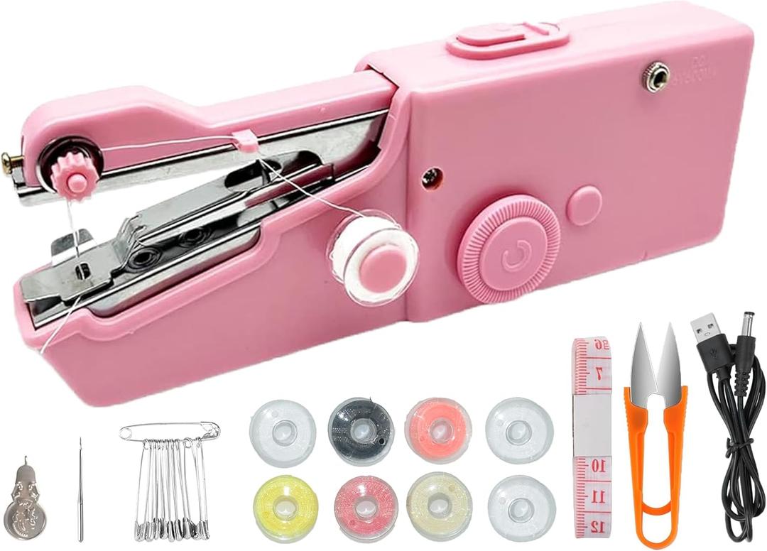 Handheld Sewing Machine Electric Sewing Mini Portable Sewing Machine Suitable for Beginners Sewing Clothes Family Travel DIY (Pink)