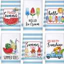 Sratte 6 Pcs Summer Kitchen Towels Watermelon Gnome Tea Dishtowels 24 x 16 Inch Farmhouse Absorbent Blue White Stripe Hello Summer Hand Bathroom Towels for Kitchen Bathroom Decor