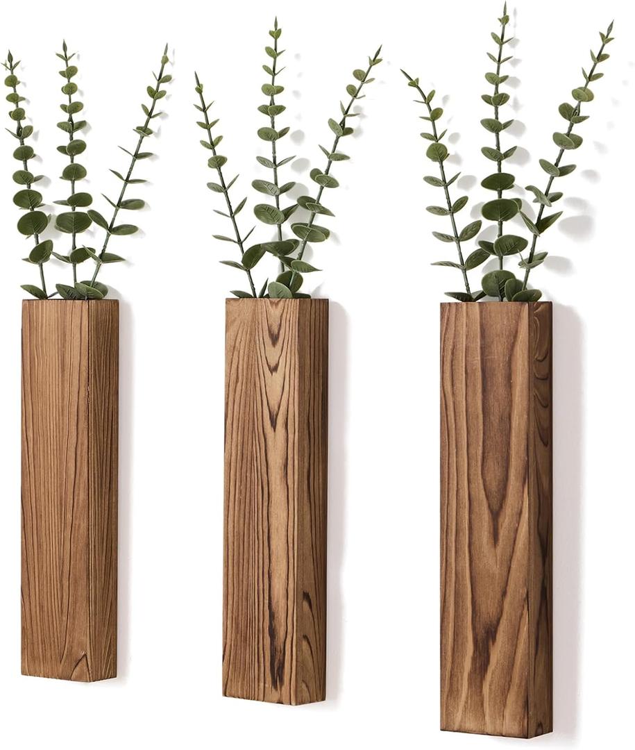 3 Pack Wooden Wall Planters with Fake Eucalyptus Stems, Modern Farmhouse Wood Vases Plants Wall Decor for Living Room, Bedroom, Bathroom (Dark Brown)