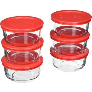 Pyrex 7200 2 Cup Clear Glass Storage Bowl with 7200-PC Red Plastic Lid, Made in USA - 6 Pack Made in the USA
