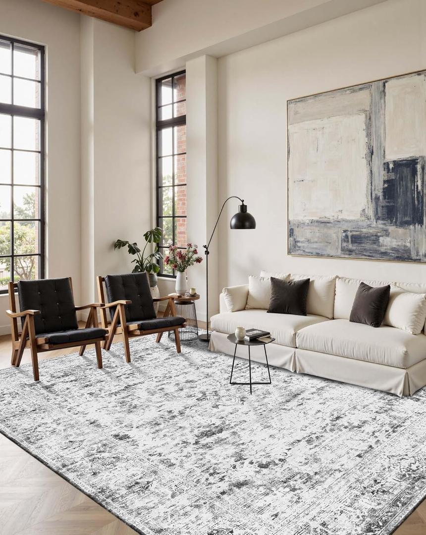 Area Rugs 5x7, Washable Grey Rugs for Living Room, Bedroom, Vintage Boho Indoor Soft Carpet for Dining Room, Low Pile Rugs for Office, Farmhouse