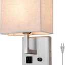 Plug in Wall Sconce, Bedside Wall lamp with Plug and dimmable Switch, with USB Charging Port and Socket, Suitable for Hotel, Corridor, Living Room and Bedroom Wall Light (Nickel)