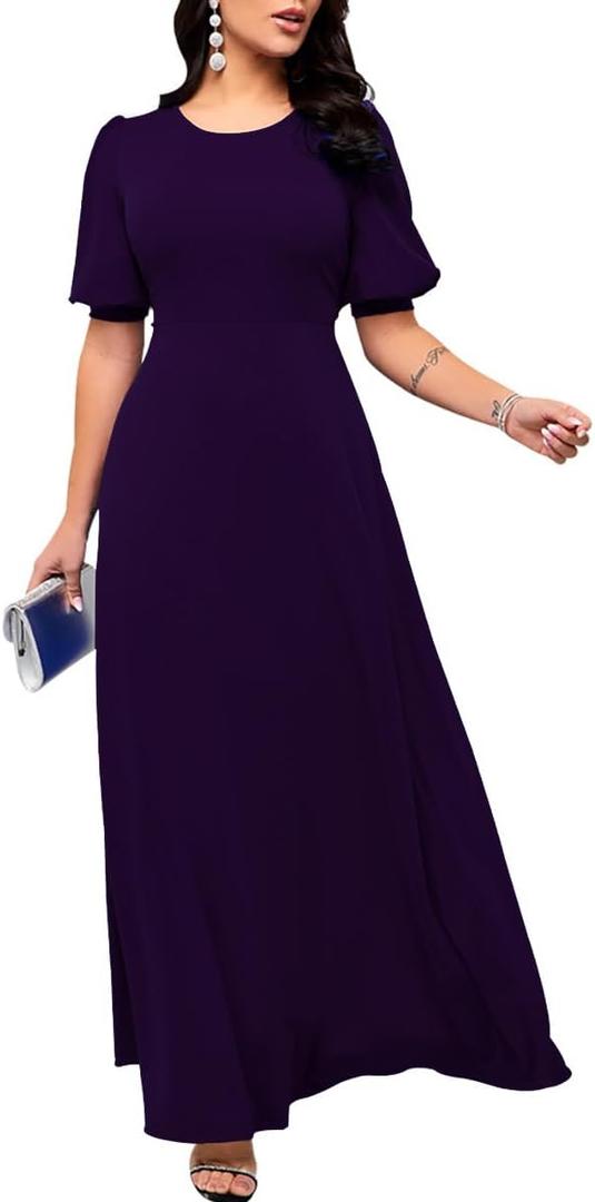 Maxi Dresses for Women Casual Floor Length Round Neck Party Formal Long Dresses (Purple, S)