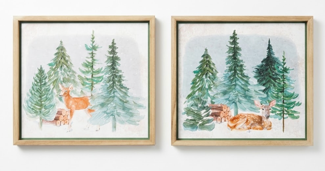 2PCS Vintage Forest Deer Framed Wall Art Set Rustic Farmhouse Artwork Prints Wall Decor for Home Bedroom Living Room 16.5x16.5 Inch