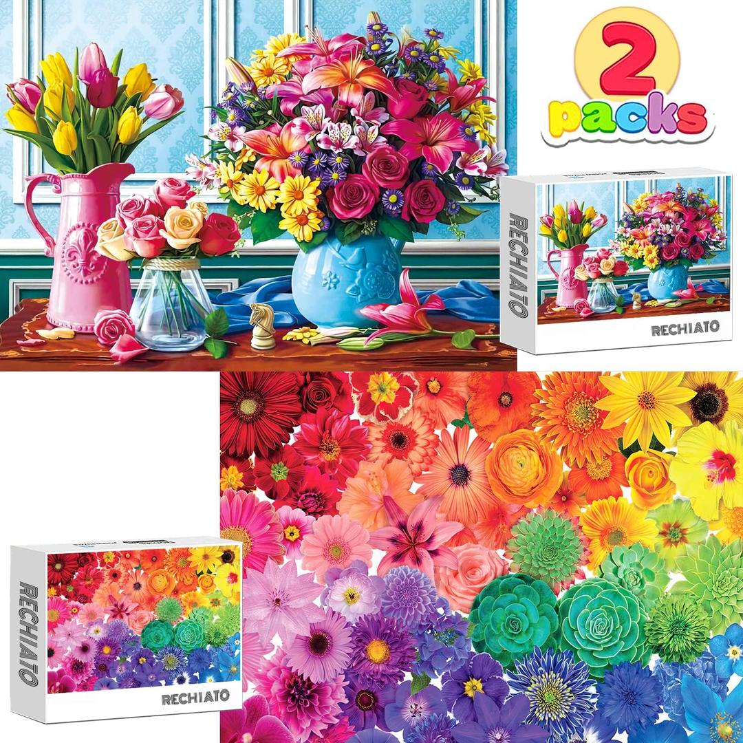 1000 Pieces Flower Puzzles for Adults, 2 Pack Colorful Flowers Jigsaw Puzzles, Spring Plants Rose Daisy Blooms Challenging Funny Puzzles for Friends Family Activity Game Nights Gifts
