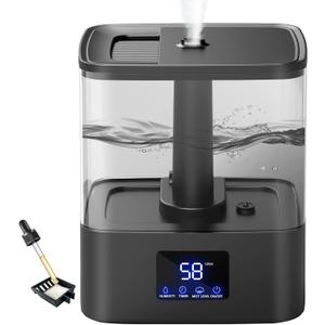 KZF 4L Top Fill Humidifiers for Bedroom & 60H Runtime - Cool Mist Humidifier, 3 Mist Levels, 8H Timer, Essential Oil Tray, Humidity Display, Quiet for Bedroom, Baby, Plants, Large Room (Black, 6L)