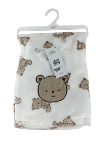 Baby Gear Blanket White Teddy Bear Plush Fleece Embroidered 30x40 Inches, Pack of 3
