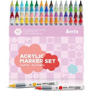 Arrtx 60 Colors Acrylic Markers - Brilliant & Vivid, Water-Based Quick-Dry Ink, Flexible Brush Tip, Waterproof After Drying, Non-Toxic, for DIY Project,Metal,Glass,Fabric,Plastic Multiple Surfaces