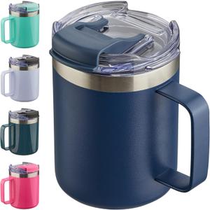 ALOUFEA 12oz Insulated Coffee Mug Cup with Handle, Stainless Steel Travel Coffee Mug with Flip Lid, Double Wall Vacuum Coffee Tumbler, Navy