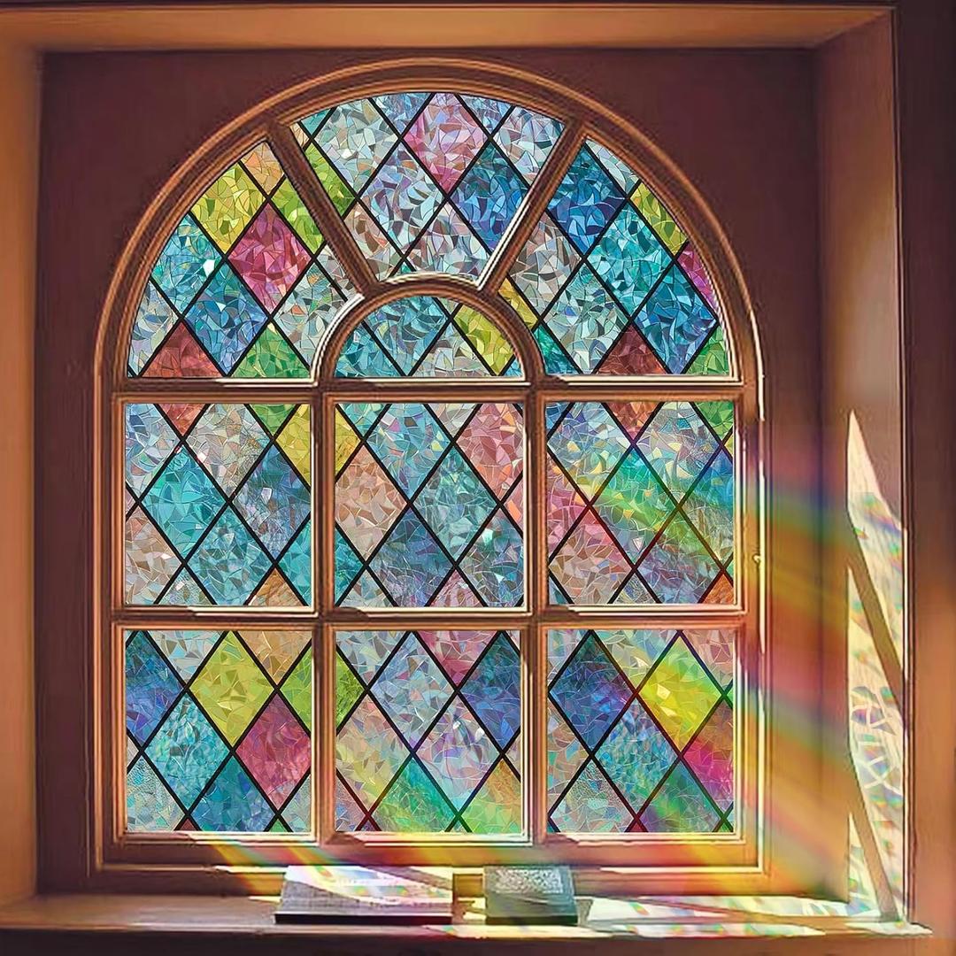 Window Privacy Film, Static Cling Stained Glass Window Film Decorative, Non-Adhesive 3D Rainbow Frosting Film Anti-UV for Bathroom Home Door 35.4" x 78.7"