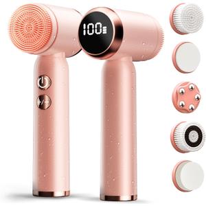 Electric Face Scrubber with Led Display & Facial Cleansing Brush - 6-in-1 Exfoliating Kit, 3 Speeds, IPX6 Waterproof Face Brush for Deep Cleaning, Massage & Gentle Exfoliation-Pink