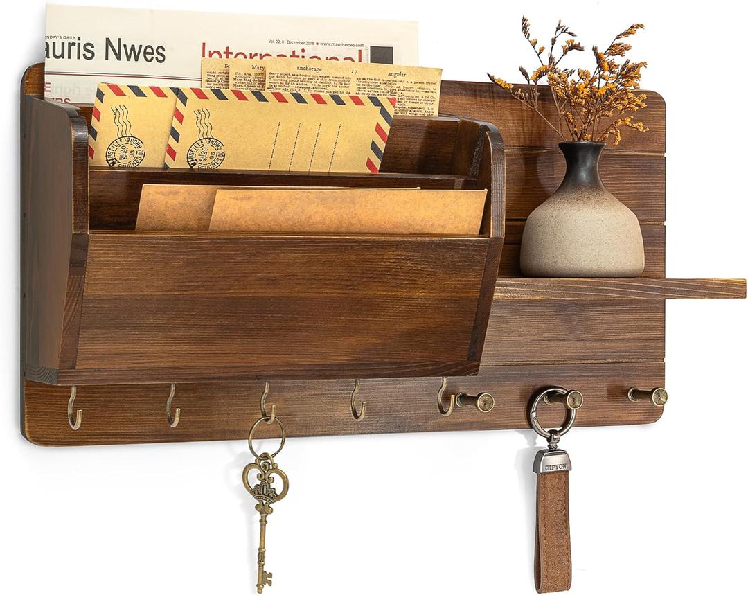 Rebee Vision Pine Wood Key Holder Wall Mount for Home Decor - Stylish Mail Holder Wall Mounted with Shelf & Hooks for Entryway - File Organizer with 3-Tire Mail Sorter for Lettter, Paper (Light Brown)