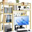 Desk Shelf with Grid Panel, 37.5" Desktop Hutch Organizer, 4-Tier Desk Bookshelf for Computer Desk, Metal & Wood Desktop Storage Rack for Home Office, Dorm, Study Desk, Gold, 37.5 Inches X 7.9 Inches X 35 Inches
